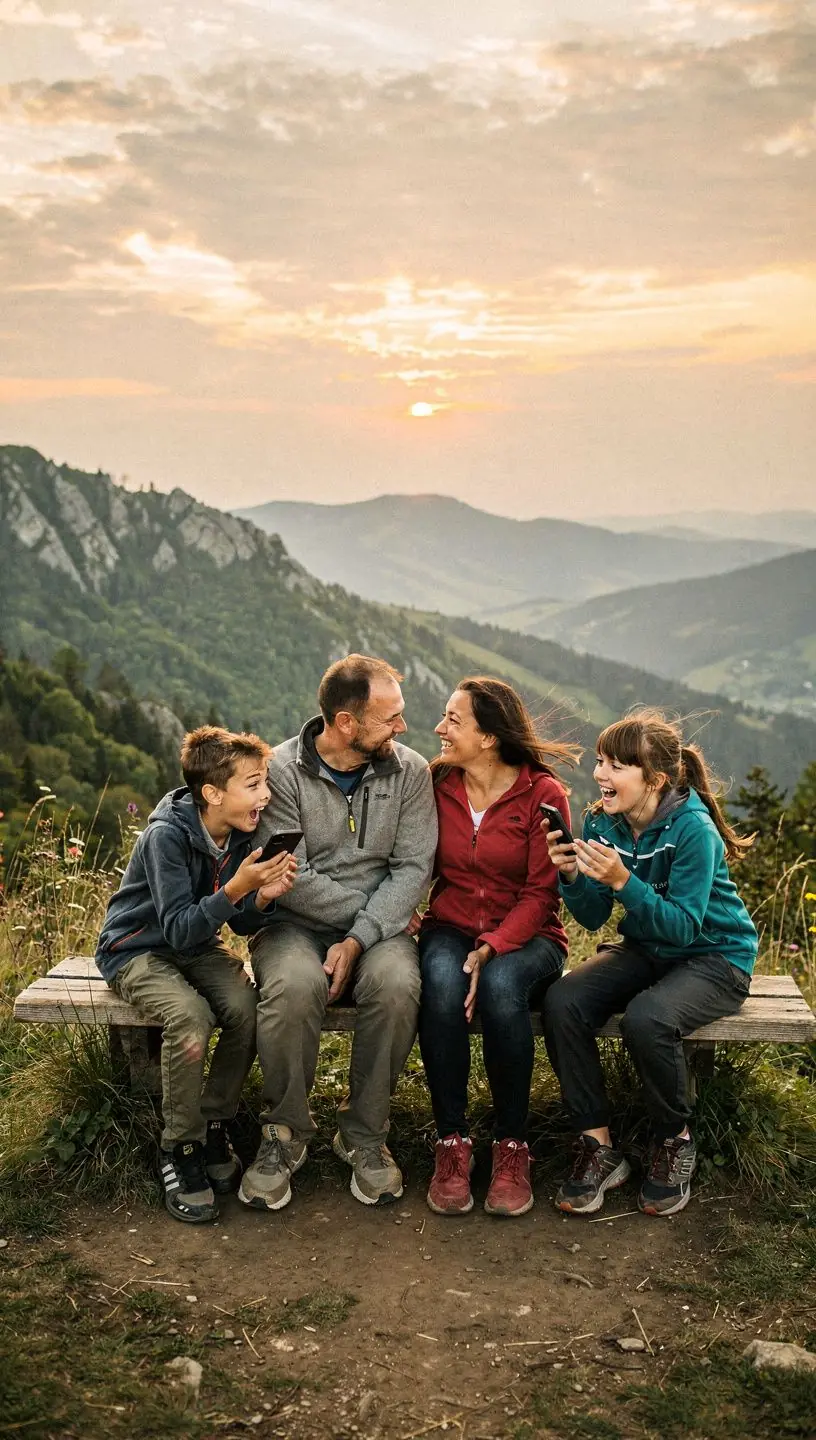 A family exploring a scenic hiking trail in the Slovak Paradise National Park, surrounded by lush greenery and accessible pathways.