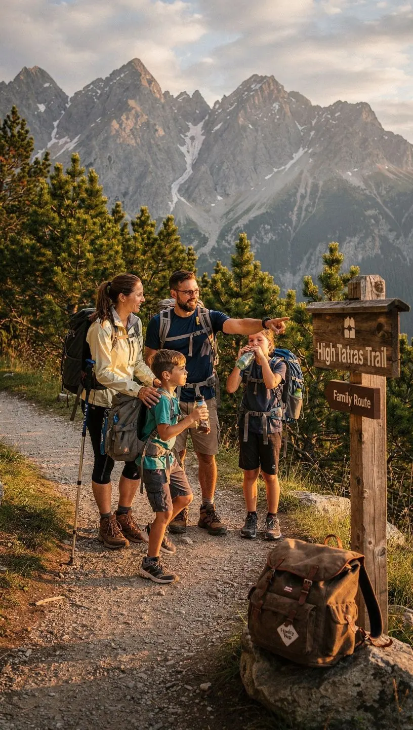 A family enjoying a picnic by a tranquil lake in the High Tatras, with accessible seating and recreational facilities nearby.